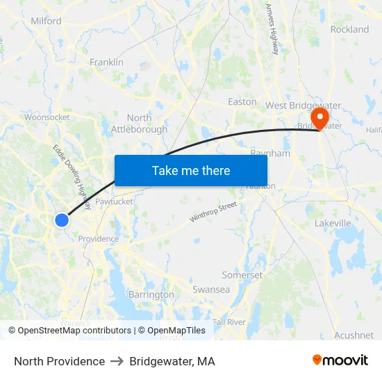 North Providence to Bridgewater, MA map