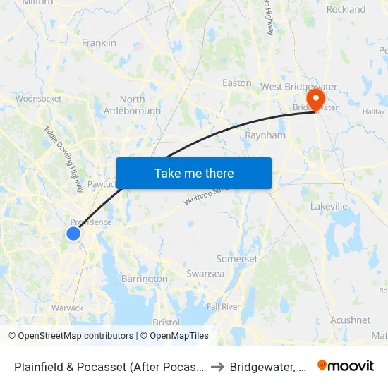 Plainfield & Pocasset (After Pocasset) to Bridgewater, MA map