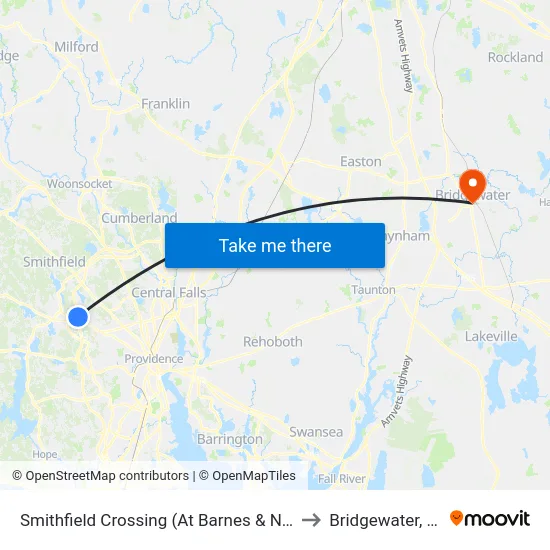 Smithfield Crossing (At Barnes & Noble) to Bridgewater, MA map