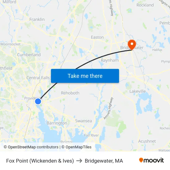 Fox Point (Wickenden & Ives) to Bridgewater, MA map