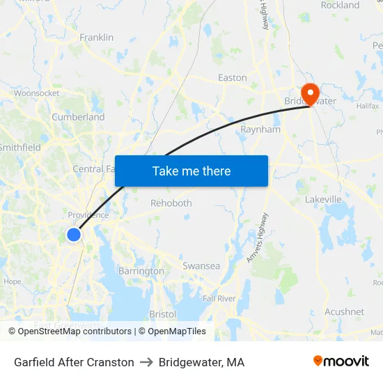 Garfield After Cranston to Bridgewater, MA map