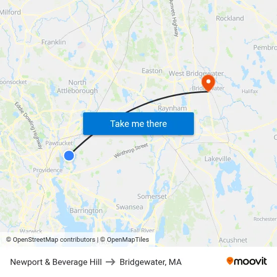 Newport & Beverage Hill to Bridgewater, MA map