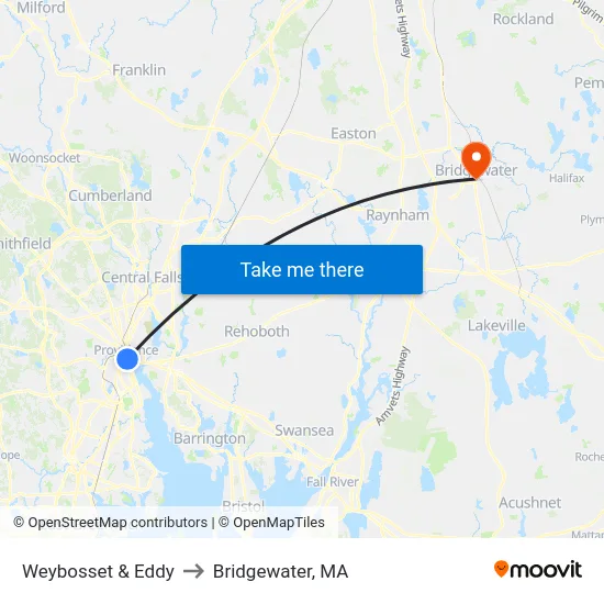 Weybosset & Eddy to Bridgewater, MA map