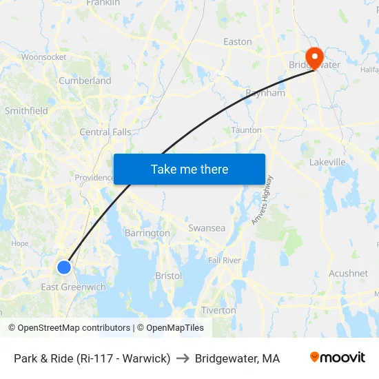 Park & Ride (Ri-117 - Warwick) to Bridgewater, MA map