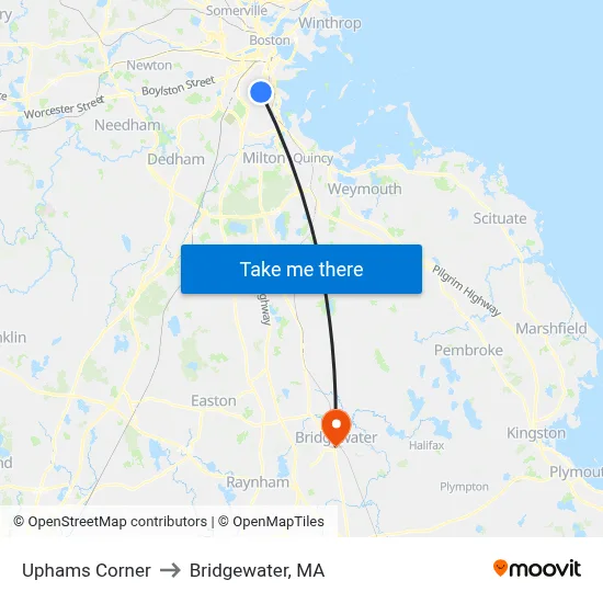 Uphams Corner to Bridgewater, MA map