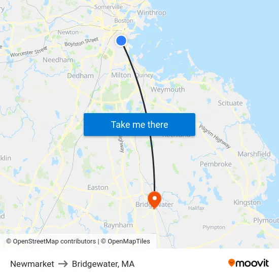 Newmarket to Bridgewater, MA map