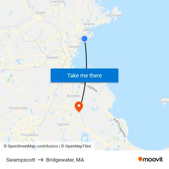 Swampscott to Bridgewater, MA map