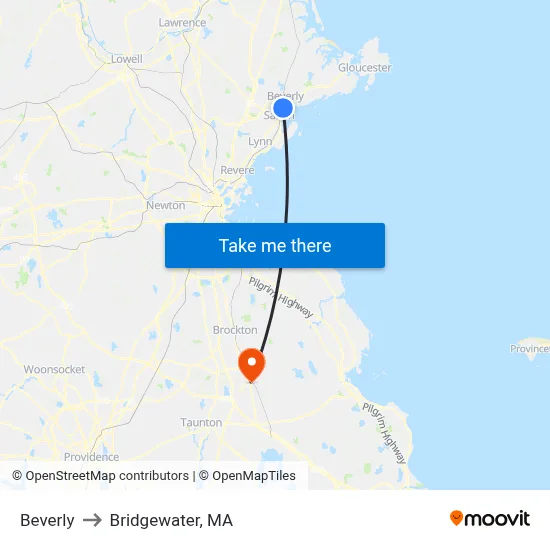 Beverly to Bridgewater, MA map