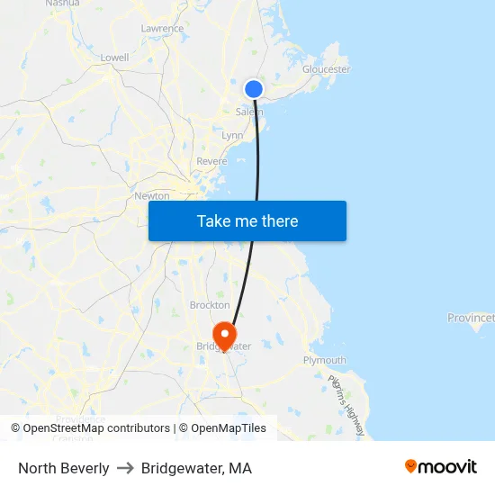 North Beverly to Bridgewater, MA map