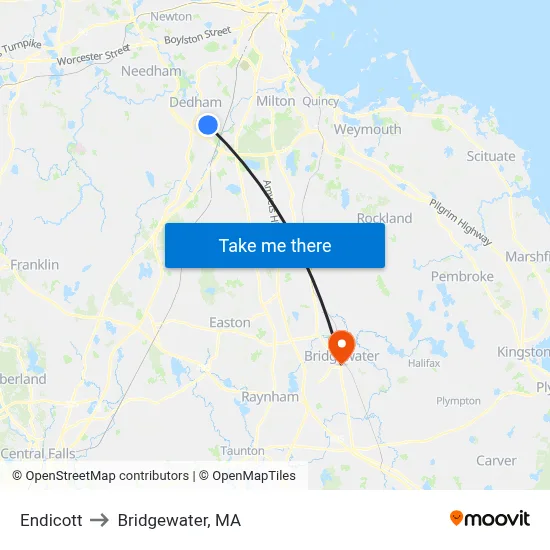 Endicott to Bridgewater, MA map