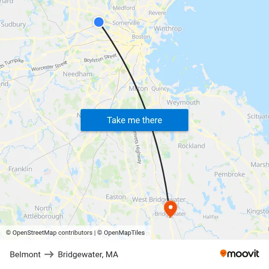 Belmont to Bridgewater, MA map