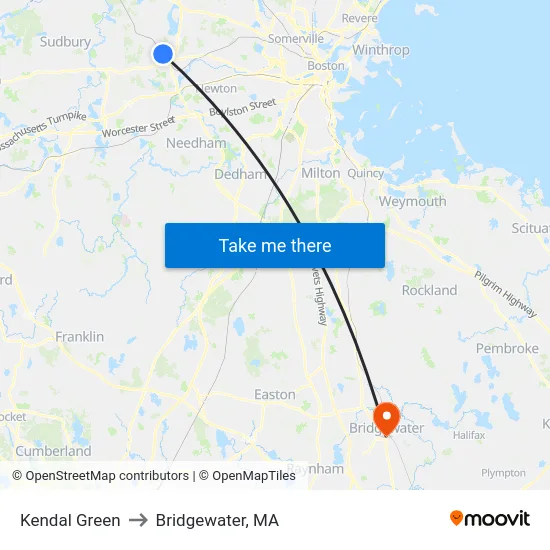 Kendal Green to Bridgewater, MA map