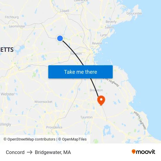 Concord to Bridgewater, MA map