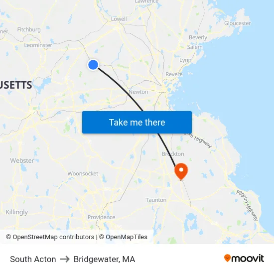 South Acton to Bridgewater, MA map
