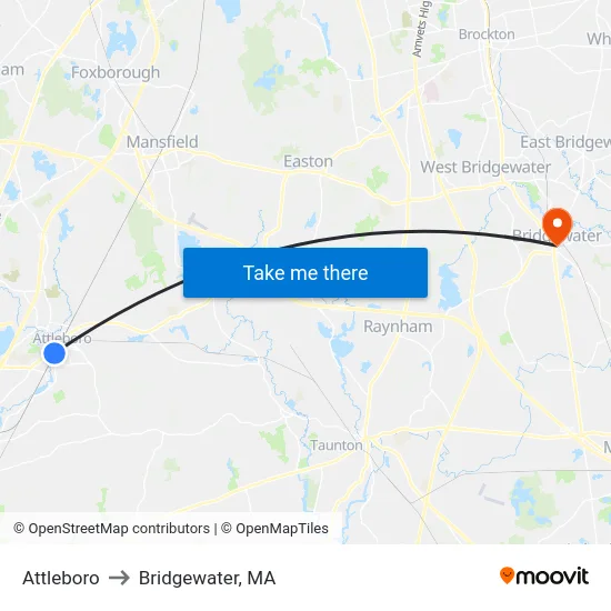 Attleboro to Bridgewater, MA map