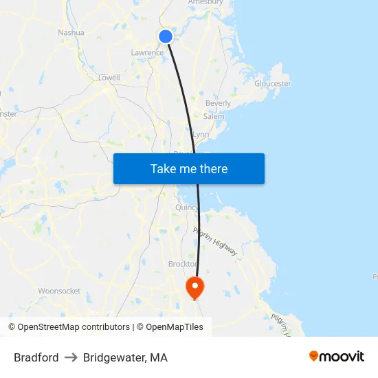 Bradford to Bridgewater, MA map