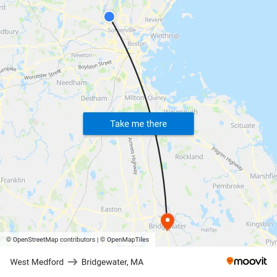 West Medford to Bridgewater, MA map