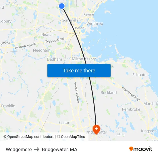 Wedgemere to Bridgewater, MA map