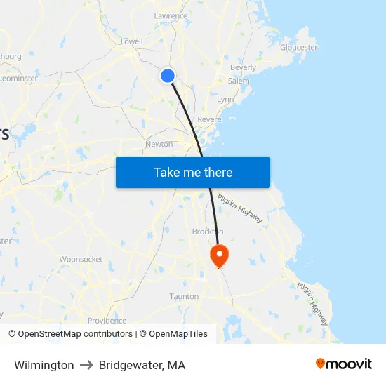 Wilmington to Bridgewater, MA map