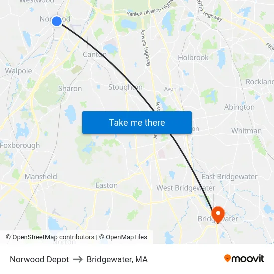 Norwood Depot to Bridgewater, MA map