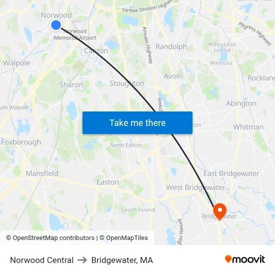 Norwood Central to Bridgewater, MA map