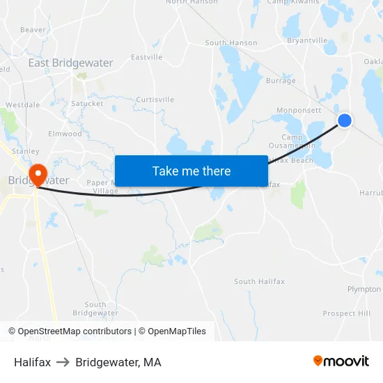 Halifax to Bridgewater, MA map