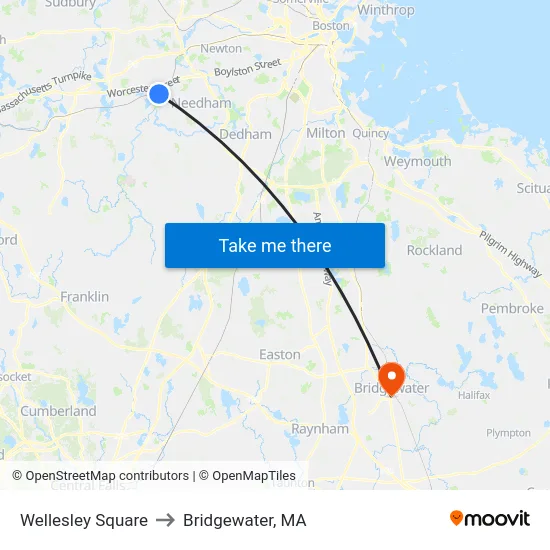 Wellesley Square to Bridgewater, MA map