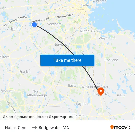 Natick Center to Bridgewater, MA map