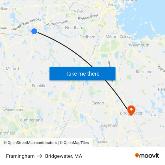 Framingham to Bridgewater, MA map