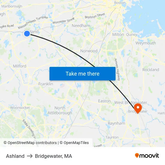 Ashland to Bridgewater, MA map