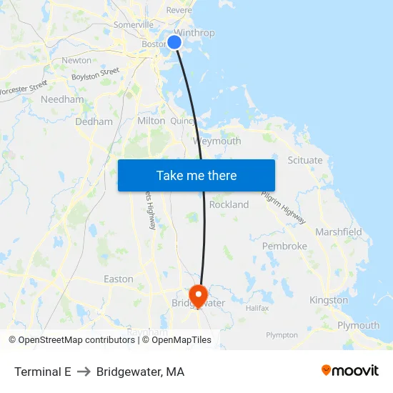 Terminal E to Bridgewater, MA map