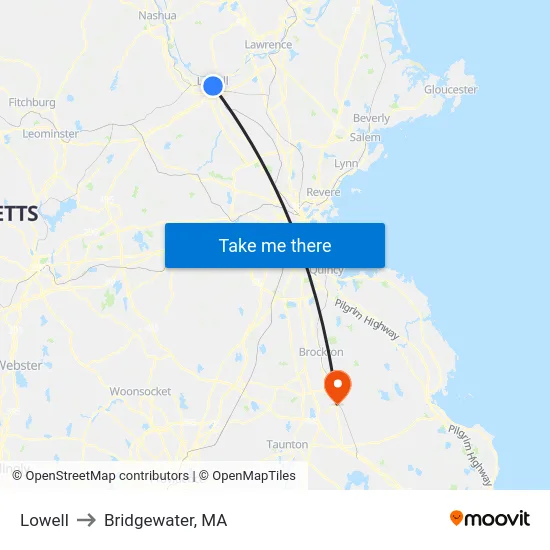Lowell to Bridgewater, MA map