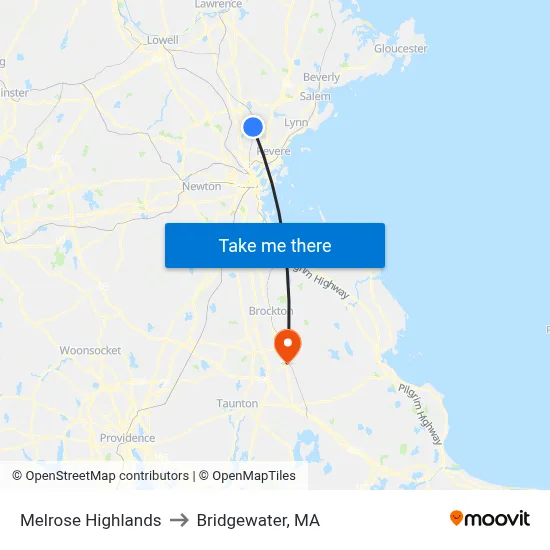 Melrose Highlands to Bridgewater, MA map