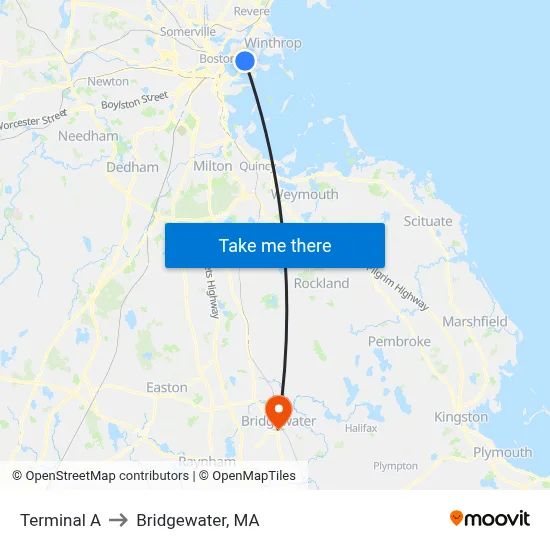 Terminal A to Bridgewater, MA map