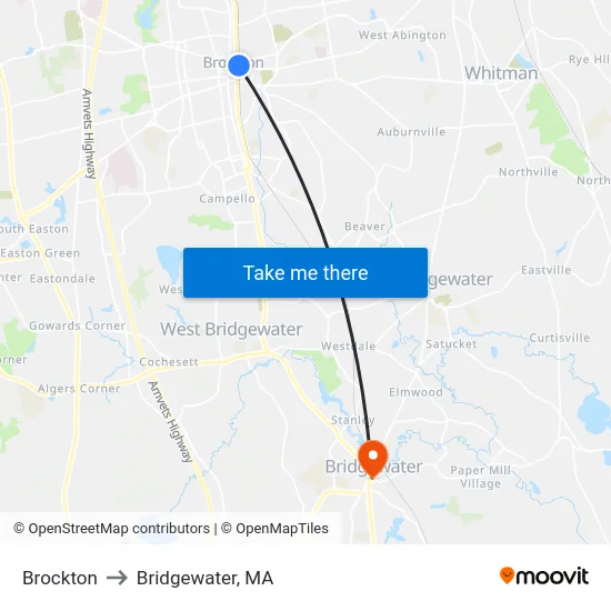 Brockton to Bridgewater, MA map