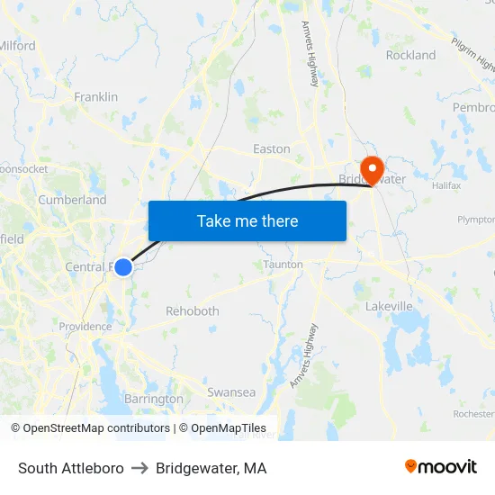 South Attleboro to Bridgewater, MA map
