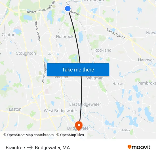 Braintree to Bridgewater, MA map
