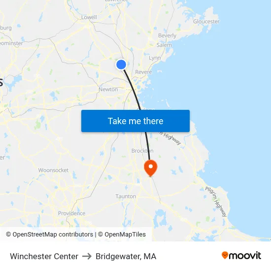 Winchester Center to Bridgewater, MA map