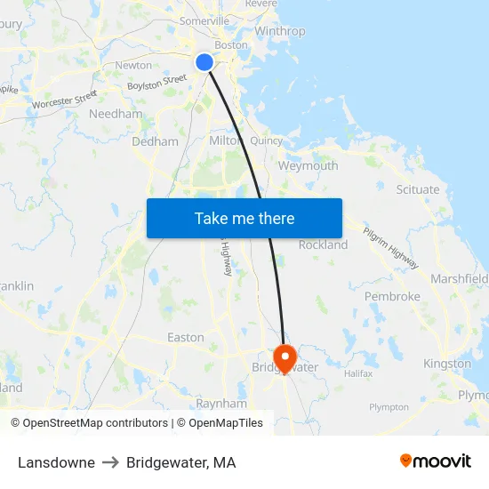 Lansdowne to Bridgewater, MA map