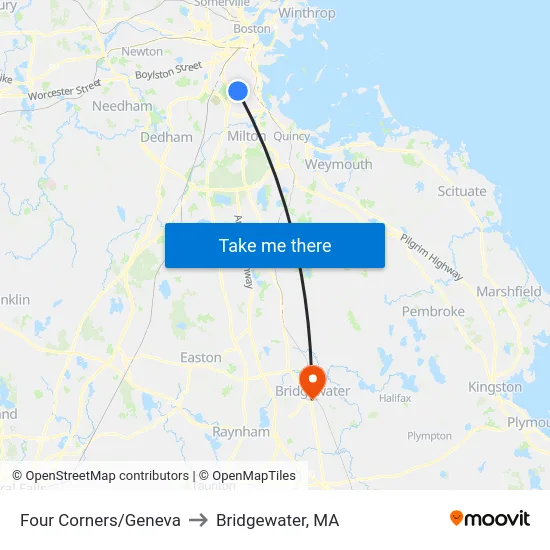 Four Corners/Geneva to Bridgewater, MA map