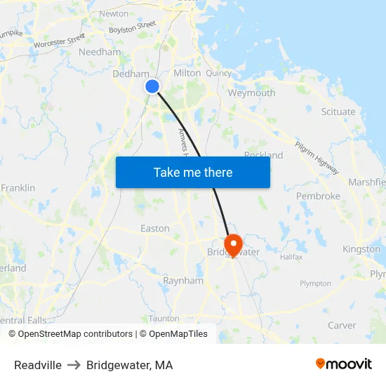 Readville to Bridgewater, MA map