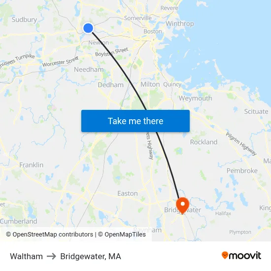Waltham to Bridgewater, MA map