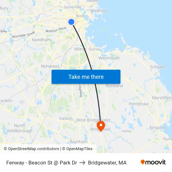 Fenway - Beacon St @ Park Dr to Bridgewater, MA map