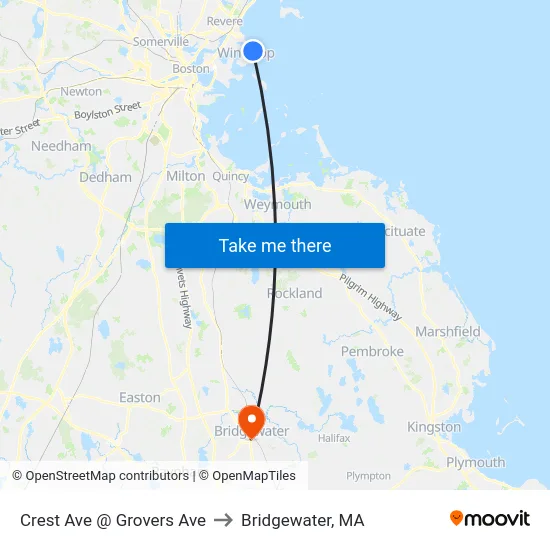 Crest Ave @ Grovers Ave to Bridgewater, MA map