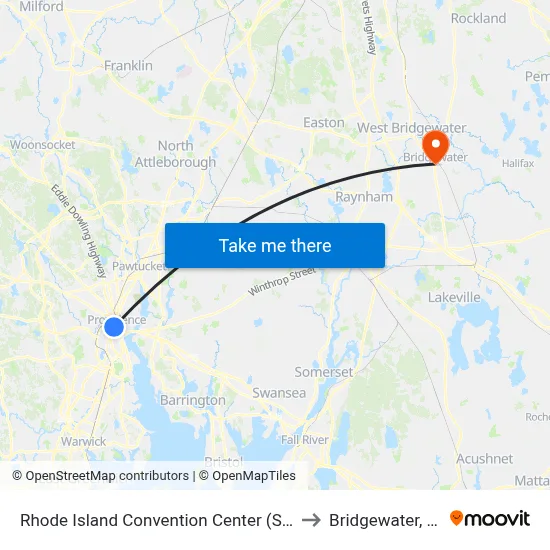 Rhode Island Convention Center (Sabin) to Bridgewater, MA map