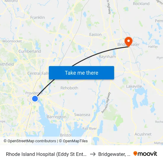 Rhode Island Hospital (Eddy St Entrance) to Bridgewater, MA map
