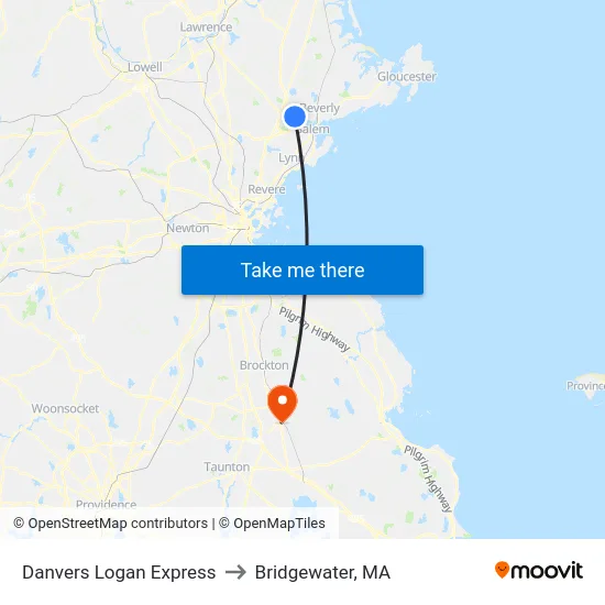 Danvers Logan Express to Bridgewater, MA map
