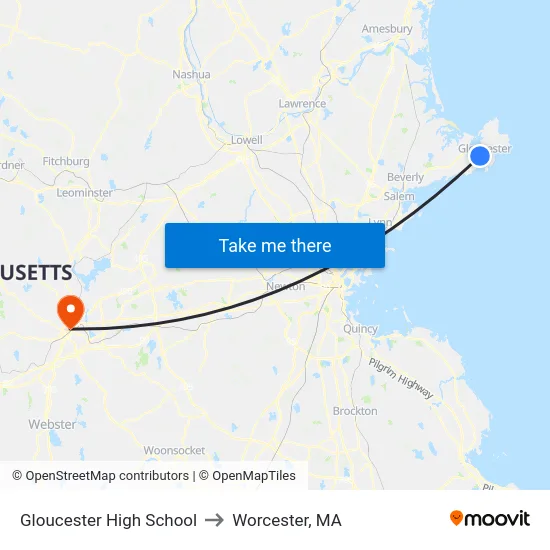 Gloucester High School to Worcester, MA map