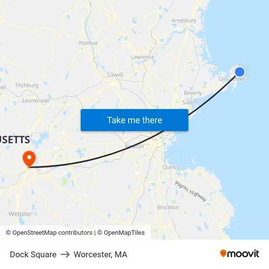 Dock Square to Worcester, MA map
