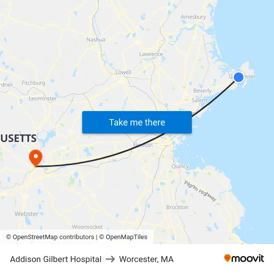 Addison Gilbert Hospital to Worcester, MA map